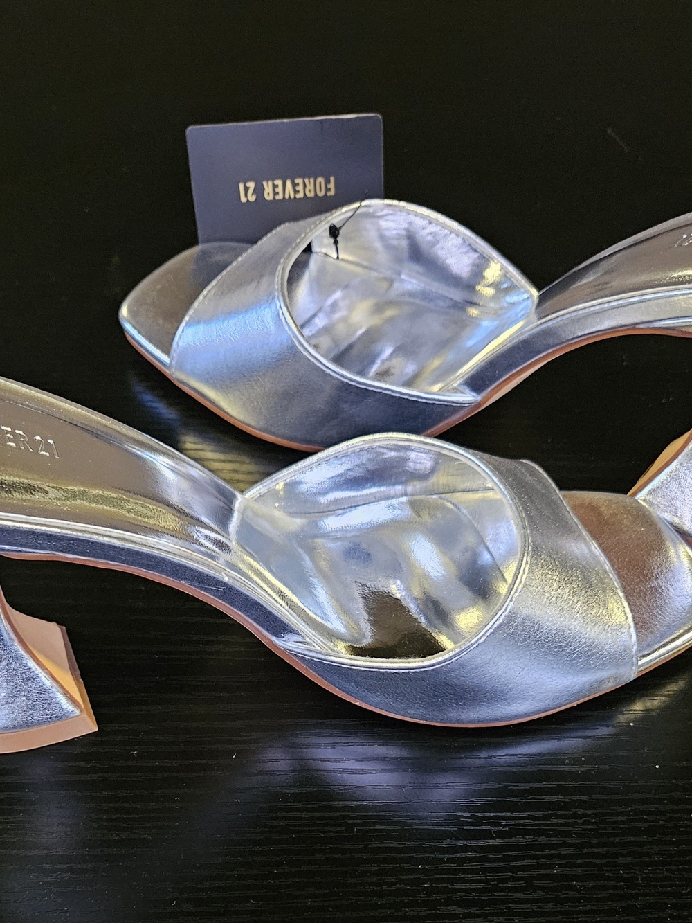 FOREVER 21 Silver Metallic Open-Toe Mule Heels - Picture 2 of 8